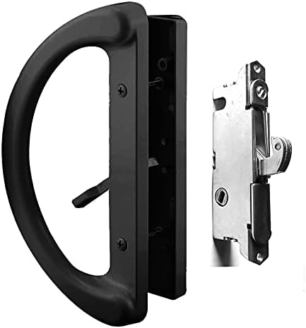 Patio Sliding Glass Door Handle Set with 45° Mortise Lock Suitable for Sliding Glass Patio Door Thickness from 1-1/2" to 1-3/4", Fits 3-15/16” Screw Hole Spacing, Reversible Design(Non-Handed), Black