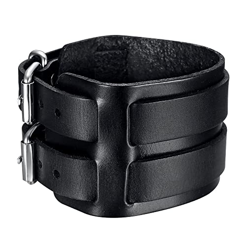BOBIJOO Jewelry - Bracelet de Force Noir Homme Cuir Vachette véritable Acier Inoxydable Double Ceinture