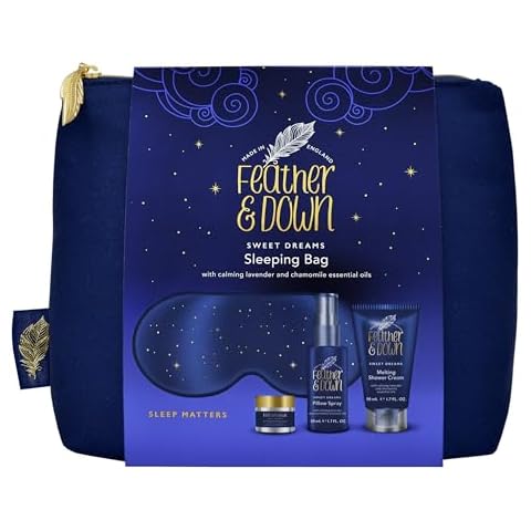 Feather & Down Sleeping Bag Gift Set: Luxury Eye Mask, Sleep Balm, Pillow Spray and Shower Cream, with Calming Lavender & Chamomile Essential Oils, Vegan & Cruelty Free Cover