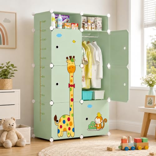 Image of LUHI Plastic Wardrobe for Kids Clothes - Easy to Use Anti-Skid & Non-Slip Effective Professional, Plastic Cupboard for Kids, Foldable Almirah, Collapsible Wardrobe (Green S3, 8-Shelf-6-Door)