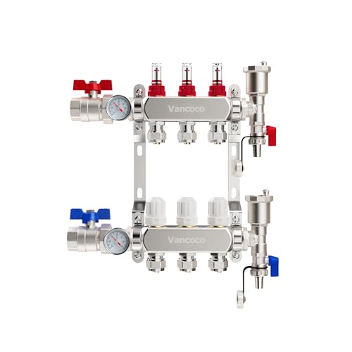 VANCOCO Collettore di Calore Radiante a 3 Circuiti con Eurocone 3/4 (16 x 2 mm), Distributore di Circuiti di Riscaldamento, Kit Collettore PEX con Misuratori di Flusso e Valvole a Mano
