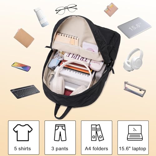 LOIDOU School Backpack for Teen Girls College Backpack Womens Laptop backpack Quilted Bookbags Elementary High School Laptop Bags Women Travel Casual Daypacks (Black)4