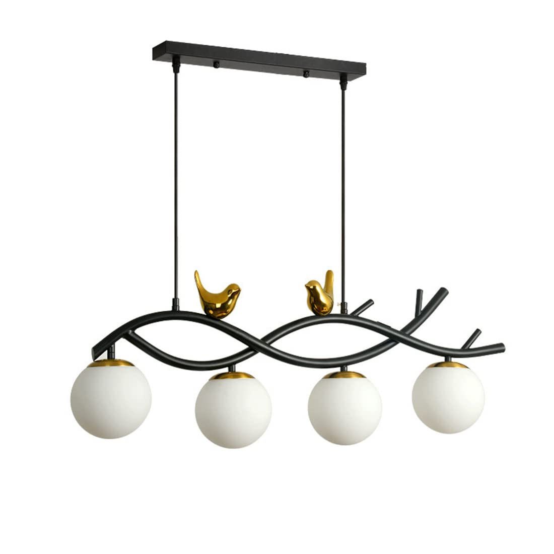 4 światła Szklana kula Oświetlenie żyrandola Matowe czarne lampy wiszące ze szklanym kloszem i pięknym wzorem ptaka, Vintage sufitowa lampa wisząca do sypialni Salon Jadalnia (A)