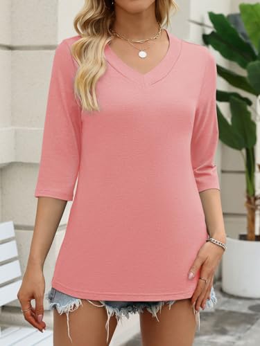 YESTTO Womens Tops 3/4 Sleeve V Neck Tunic Tops Casual Loose Fit Shirts Soft Lightweight Blouses Summer Dressy Basic Tees Coral — view 2