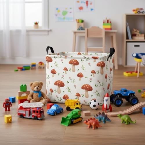 Image of Rectangular Baby Kids Storage Basket for Home Kitchen Girls Cute Toy Storage Bin Organizer Shelf Book Room Decor(Mushroom)