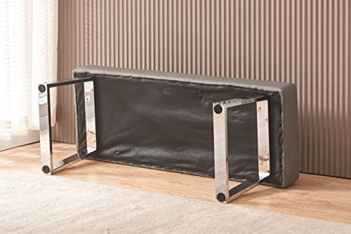 Dvasovio 48.4" Long Pu Leather Bench, Modern Upholstered Dining Room Bench With Silver Stainless Steel Legs, Bedroom Bench (Grey) #TOP3