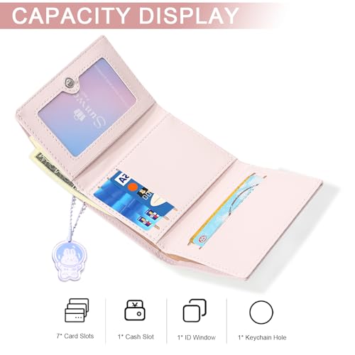Girls Cute Astronaut Bear Bunny Print Tri-folded Wallet Small Wallet with Pendant Card Holder ID Window for Women (PINK)2