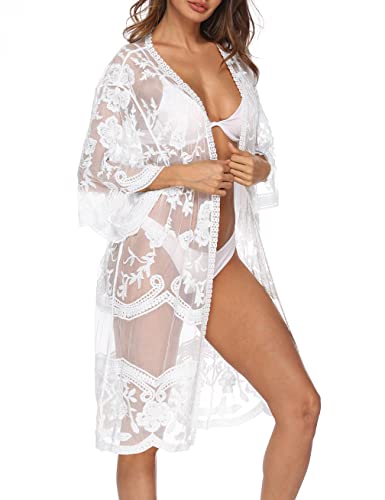 Womens White Lace Cover Up Kimono Cardigan Half Sleeve Summer Sheer Beachwear