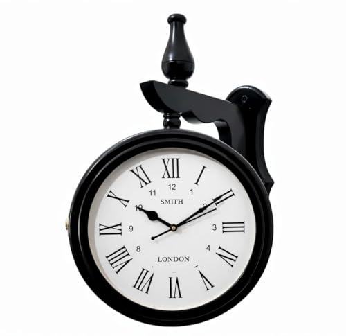 Image of Vintage Double-Sided Railway Wall Clock, Antique Station Hanging Clock for Home Decor, Silent Non-Ticking Quartz Movement, Retro Wall Mounted Clock for Living Room, Hallway & Balcony (Black)