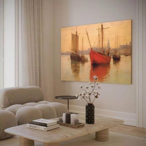 Affiche murale bateau rouge impressionniste cadre décoration salon 60x80