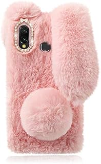 Mikikit Pink Plush Bunny Furry Phone Case for Samsung Galaxy A20e, Cute Stuffed Animal Plush Fluffy Case for girls gift, Soft cozy faux rabbit fur protective Cover for Galaxy A20e