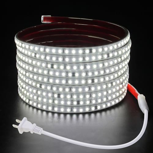 Samsion White LED Strip Light Waterproof LED Light Strip AC 110-130V Flexible LED Tape Light Daylight White 6000K Strong Adhesive 120 LEDs/M Led Lights for Indoor Bedroom Under Cabinet Decor 16.4FT