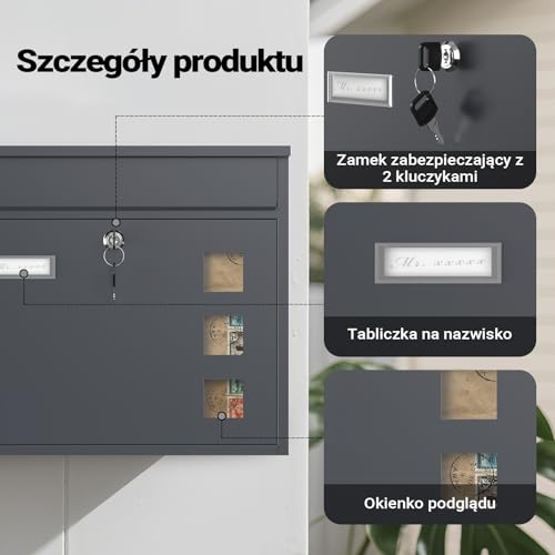 Wiltec Skrzynka na listy antracytowa V12 stalowa z zamkiem i wizjerem, nowoczesna skrzynka pocztowa do montażu na ścianę, malowana proszkowo