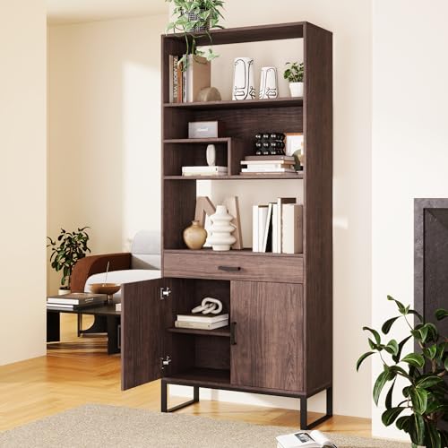 P PURLOVE Industrial Bookcase 3 Tier Bookshelf,Standing Shelf Unit Bookshelf with Storage Drawer and LED Strip Lights,Free Standing Tall Bookshelf for Living Room and Office