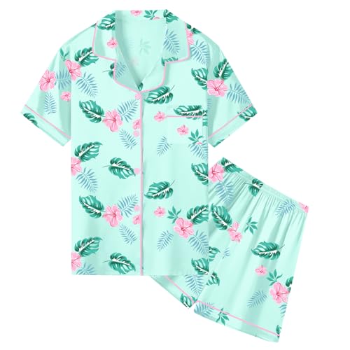 Image of Umeyda Women & Girls Pajamas Set, Soft Satin Lightweight Silk Button-Down Top with Shorts 2 Piece PJS for Mom Boys Kids Gifts