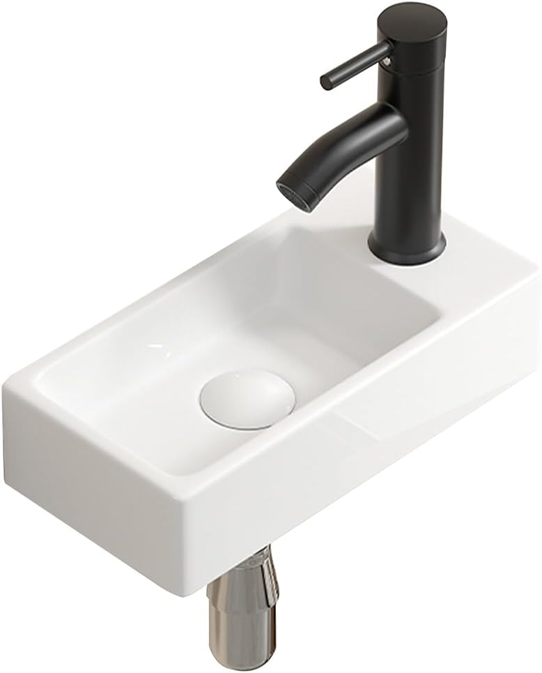Small Ceramic Bathroom Sink Wall Mounted Rectangular Vessel Sink, Modern Porcelain Wash Basin Right Hand, White Vanity Sink For Tiny Space