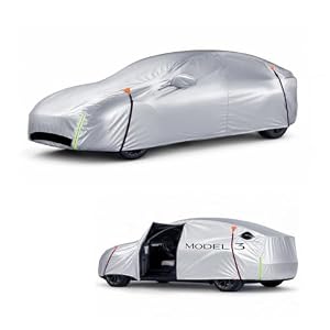 Wigoo Tesla Model 3 Car Cover Accessories (2017–2026), Custom Fit All-Weather Outdoor, Waterproof UV Sun & Heat Protection, Ventilated Design, Windproof, Smooth Paint-Safe Lining, Charging Port Zipper