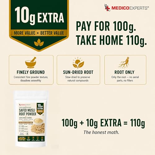 Image of Safed Musli Root Powder 110g (100g + 10g Extra) | Pure & Natural | White Musli, Shwet Musali, Siva Musli Podi | Chlorophytum Borivilianum | FSSAI Licensed, Lab Tested