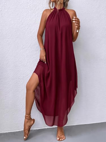 Image of Verdusa Women's Wedding Guest Dress Halter Flowy Chiffon Long Bouncy Dress | Cocktail Dress, Asymmetrical Dress for Women, Sleeveless, Prom Dress, Cruise Outfits, Boho