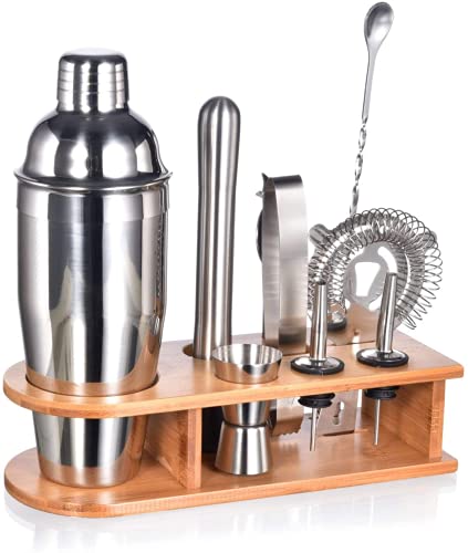 Esmula Bartender Kit with Stylish Bamboo Stand, 10 Piece Cocktail Shaker Set for Mixed Drink, Professional Stainless Steel Bar Tool Set - Cocktail Recipes Booklet(25 oz)