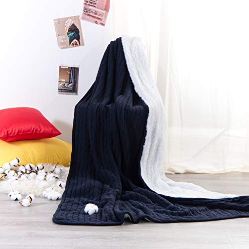 Ntbay Cotton Cable Knit Sherpa Throw Blanket For Couch (51"X67"), Soft Warm Fleece Knitted Throw For Bed, Sofa, Chair - Extra Cozy, Machine Washable, Comfortable Home Decor, Navy #TOP2
