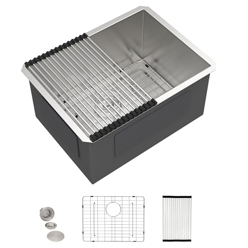 Image of 24 Undermount Laundry Sink - Fulorni 24 inchx18 inch Laundry Room Utility Tub Sink Under Counter 16 Gauge 304 Stainless Steel 12 Inch Deep Single Bowl Basin
