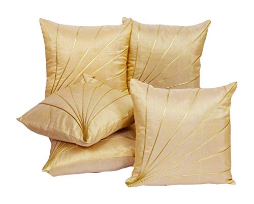 Image of Beige Golden Striped Polyester Cushion Covers for Sofa, Bedroom & Living Room | Decorative Throw Pillow Covers (Beige Golden, 16 x 16 Inch, Set of 5)