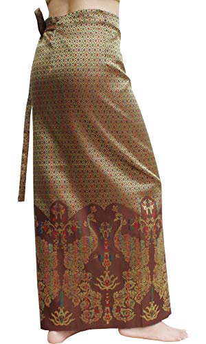 RaanPahMuang Brand Traditional Thailand Luxurious Silk Wrap Skirt Thai Formal Sarong, Medium, Peacock - Brown