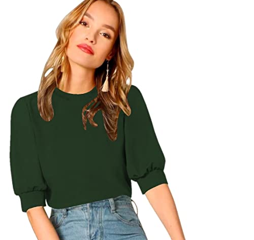 Image of Dream Beauty Fashion Women's Puff Sleeve Round High Neck Top Balloon Bishop Sleeve Elegant Casual Tee (23 inch Inches)- (Top Sofia P)