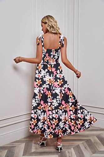 Image of kinstell Women's Summer Boho Spaghetti Strap Square Neck Ruffle Casual Flowy Long Dress Beach Swing Party Maxi Dress