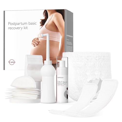 Image of Momcozy Postpartum Recovery Essentials Kit, Labor Delivery Mom Care Kit, Self-Absorbent Disposable Underwear Nipple Nursing Pads Upside Down Peri Bottle Cold Pads Cooling Foam Canvas Bag Set, White