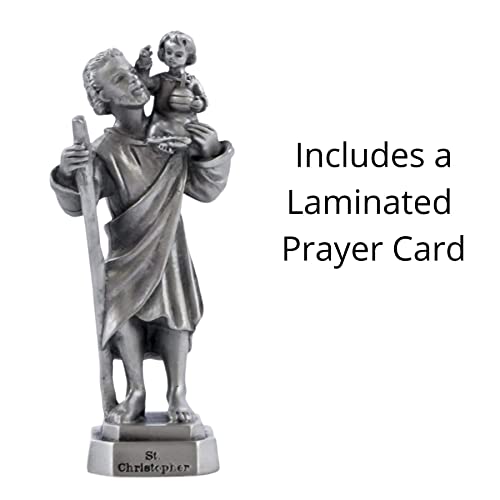 Pewter Catholic Saint St Christopher Statue With Laminated Prayer Card, 3 1/2 Inch #TOP5