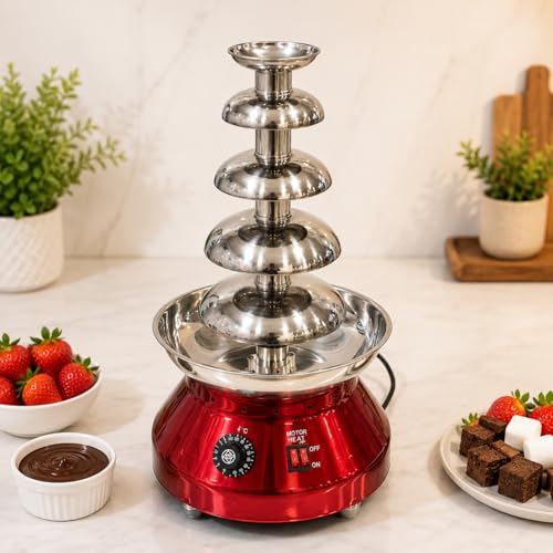 Image of Electric Chocolate Fountain Machine with Stainless Steel Tower | 5-Tier Chocolate Fountain | Motor & Heating Control for Parties, Hotels, Catering & Events