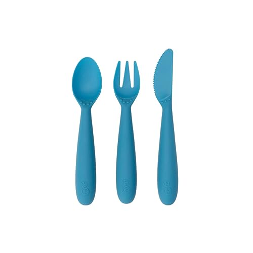 ezpz Happy Utensils  Más de 24 meses (azul)  Utensilios para niños pequeños sin BPA  Tenedor, cuchara y cuchillo para niños pequeños y preescolares
