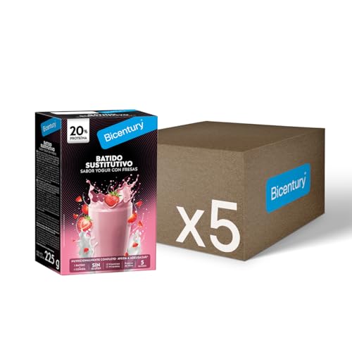 Bicentury Batido sustitutivo con Proteína sabor Fresa, 16g de proteína por batido, nutricionalmente completo con los nutrientes necesarios para reemplazar una comida principal - Caja de 5 unidades