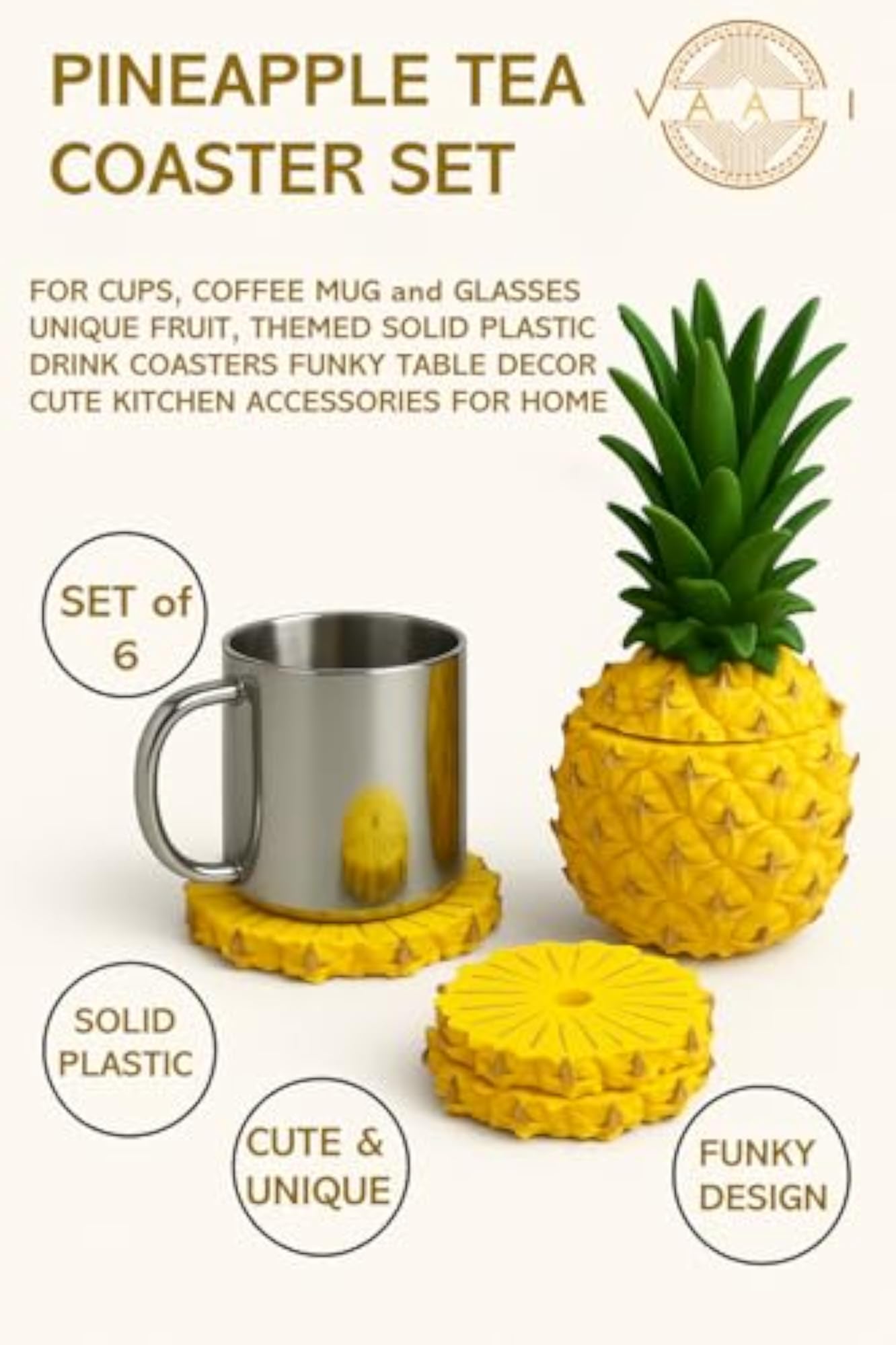 Pineapple Tea Coaster Set for Cups & Mugs, Unique Fruit-Themed