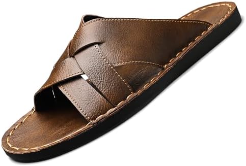 Mens Genuine Leather Braided Flat Slide Sandals Open Toe Lightweight Anti-Slip Slip On Softsole Summer Beach Sandals Indoor Outdoor Casual Slippers