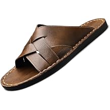 Mens Genuine Leather Braided Flat Slide Sandals Open Toe Lightweight Anti-Slip Slip On Softsole Summer Beach Sandals Indoor Outdoor Casual Slippers