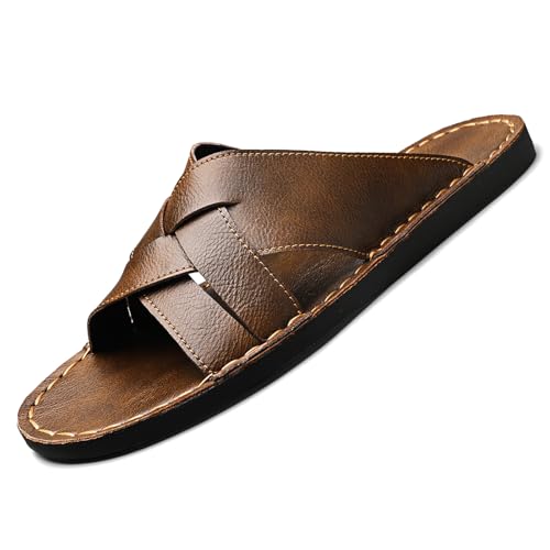 Men's Genuine Leather Braided Flat Slide Sandals Open Toe Lightweight Anti-Slip Slip On Softsole Summer Beach Sandals Indoor Outdoor Casual Slippers
