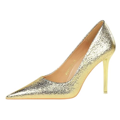 JOEupin Dam spetsig tå högklackade klassiska pumps dra på eleganta formella festskor, Guld, 37 EU
