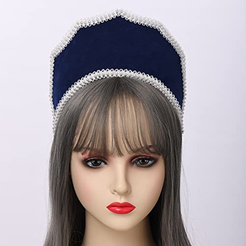 Renaissance Elizabethan Tudor Queen Royal Coronet Hooded Hat for Women Anne Boleyn Headband Victorian Headpiece (Dark Blue) - Image 4