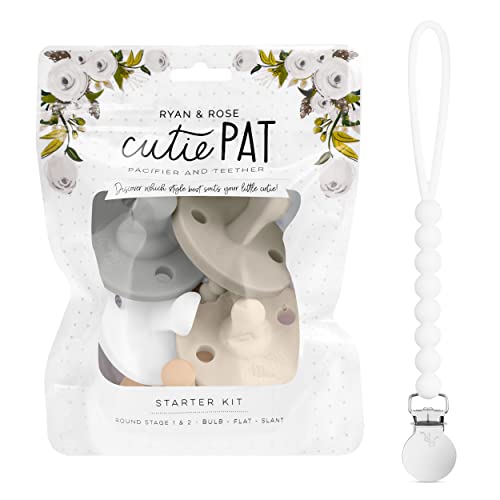 Image of Ryan & Rose Cutie PAT Pacifier (Starter Kit, Neutral) and Cutie Clip Pacifier Clip (White, Judy)