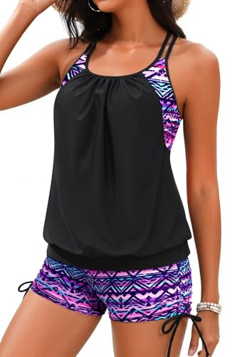 Image of Holipick Tankini Swimsuits Two Piece Tummy Control Bathing Suits Blouson Swim Tank Top with Boy Shorts