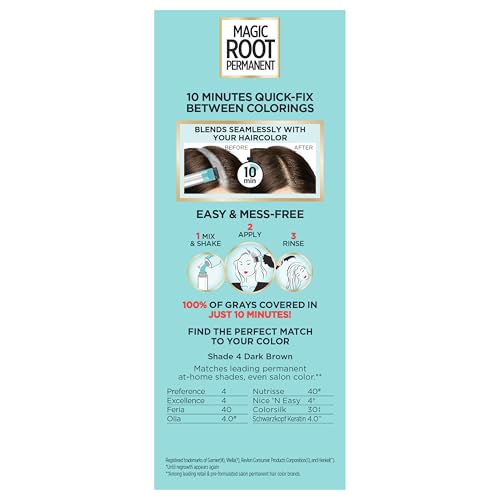 L'Oreal Paris Magic Root Rescue 10 Minute Root Hair Coloring Kit, Permanent Color with Quick Precision Applicator, 100 percent Gray Coverage, 4 Dark Brown, 1 kit (Packaging May Vary)