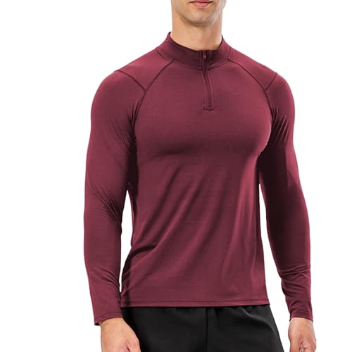 Mens Long Sleeve Athletic Shirts Quarter-Zip Pullover Tights Shirt Quick Dry Gym Workout Tee Lightweight Running Tops