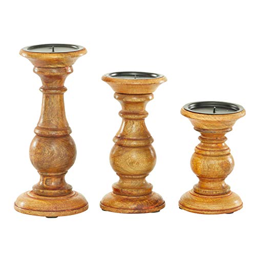 Deco 79 Mango Wood Turned Style Pillar Candle Holder With Distressed Finish, Set Of 3 4", 8", 6"H, Brown #TOP5