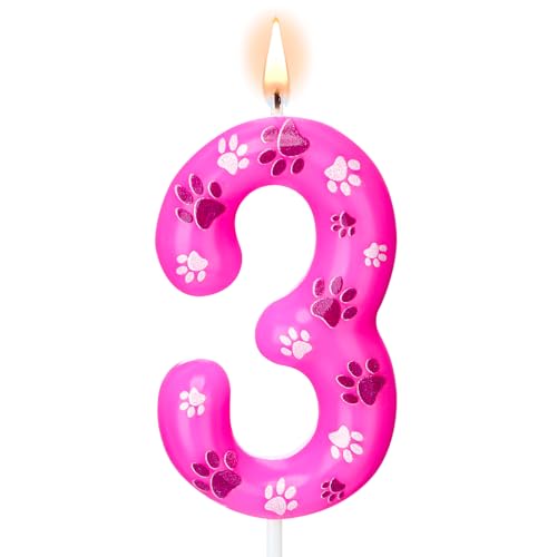 Conelist Number 3 Dog Paw Birthday Candles Dog Patrol Toppers Candles Rose Red, Pink, Purple Numeral Birthday Cake Topper for 3 Year Old Boy Girl Paw Birth Day Decoration Pet Party Supplies