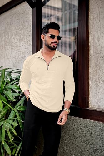 Image of KAJARU Men's Quarter Zip Pullover T-Shirt, Textured Ribbed Long Sleeve, Casual Mock Neck