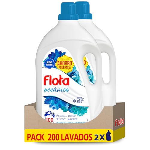 FLOTA | Detergente Líquido Quitamanchas incluso en Agua Fría para Lavadora | Ropa Blanca y de Color | Fragancia Oceánico | 2x100 Lavados | Formato Familiar