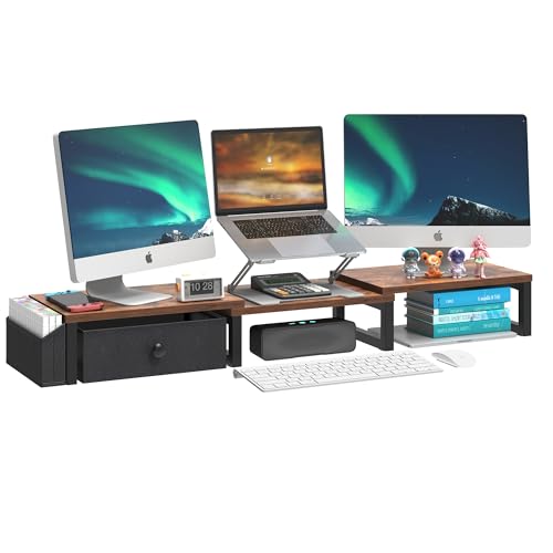 LANDVOI Heavy Duty Dual Monitor Stand Holds 2 Screens Up to 27 Inches Adjustable Length and Angle Monitor Riser Desk Organizer with Side Pockets and Drawers Home Office Desk Storage Rustic Brown